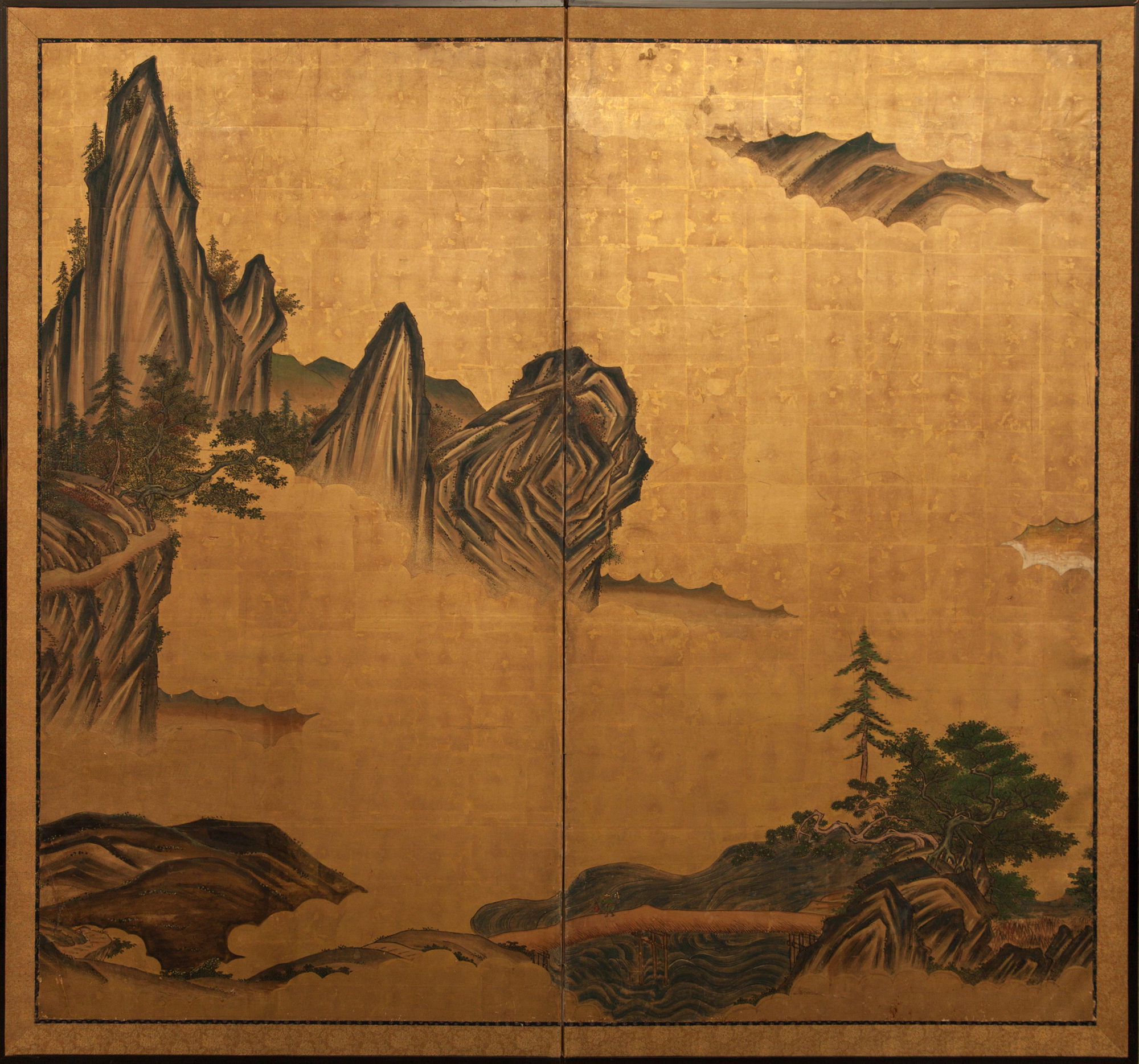 Japanese Two Panel Screen Mountain Landscape With Cedar and Pine on