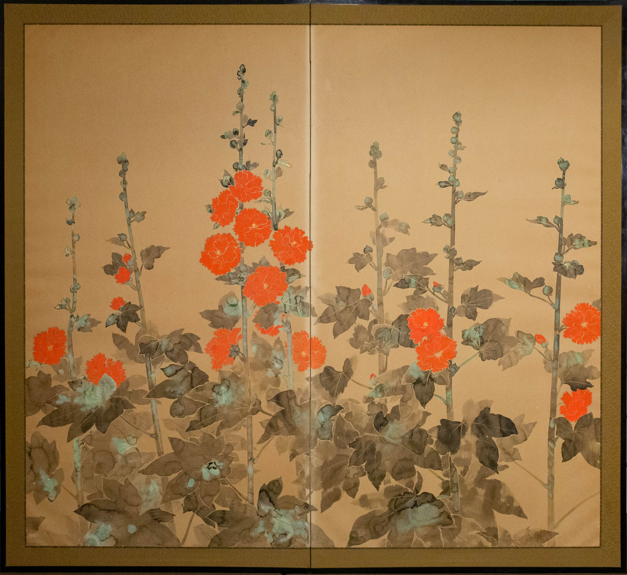 Japanese Two Panel Screen Rimpa Style Painting of Hollyhocks Naga