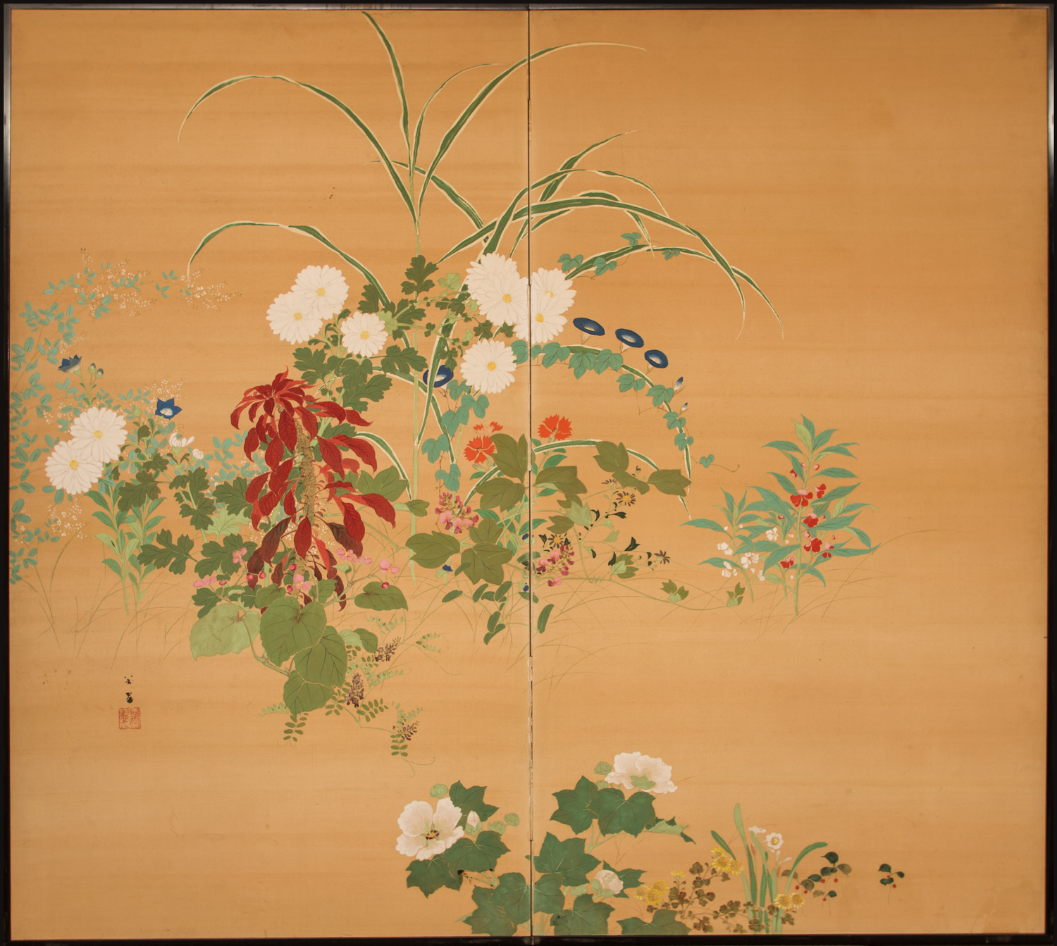 Japanese Two Panel Screen Summer Flowers on Silk Naga Antiques