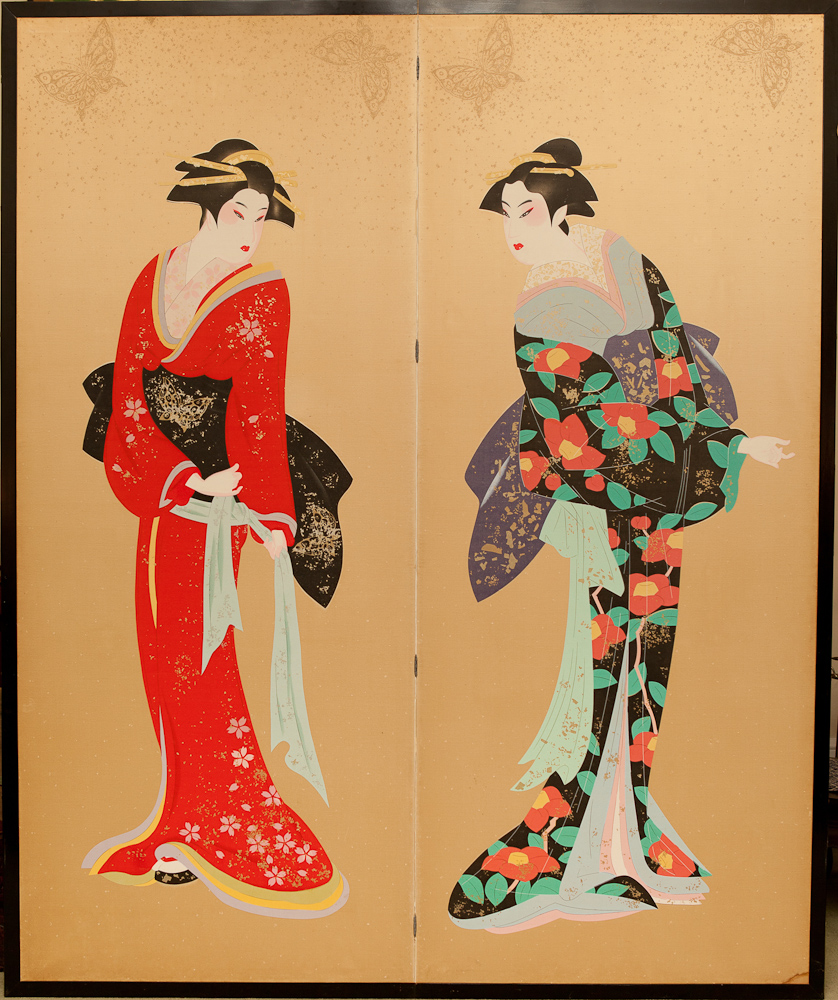 Japanese Two Panel Screen Two Geishas with Gold Butterflies Naga