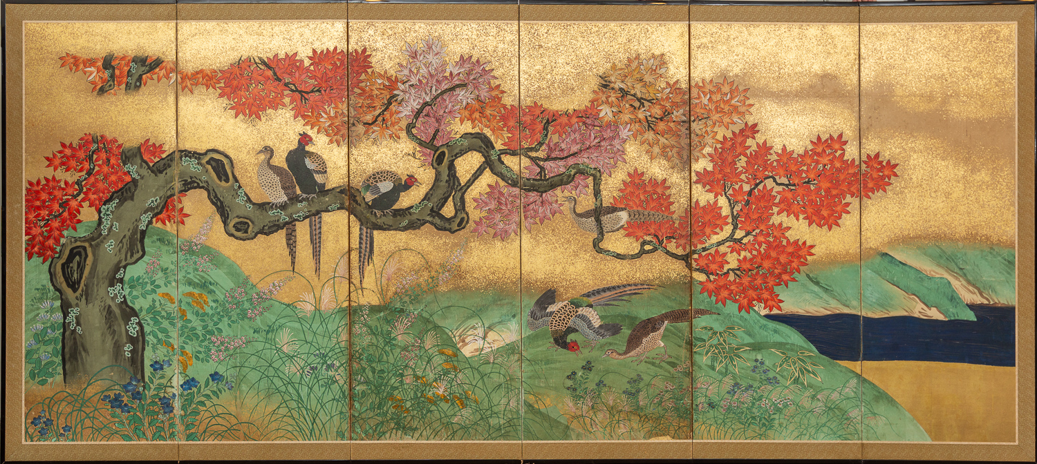 Japanese Six Panel Screen Pheasants with Autumn Maple and Grasses