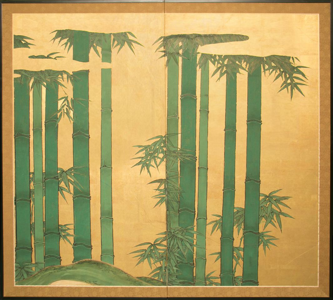 Japanese Two Panel Screen Bamboo on Gold Naga Antiques