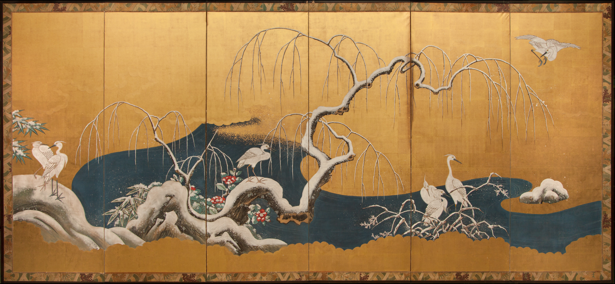 Japanese Six Panel Screen Herons in Snowy Landscape Naga Antiques