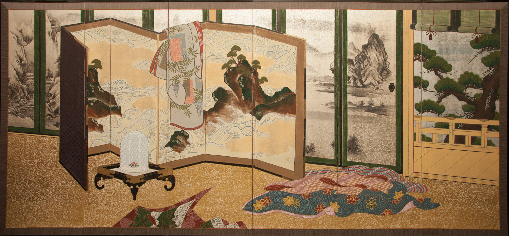 Japanese Six Panel Screen Inside the Imperial Household Naga Antiques