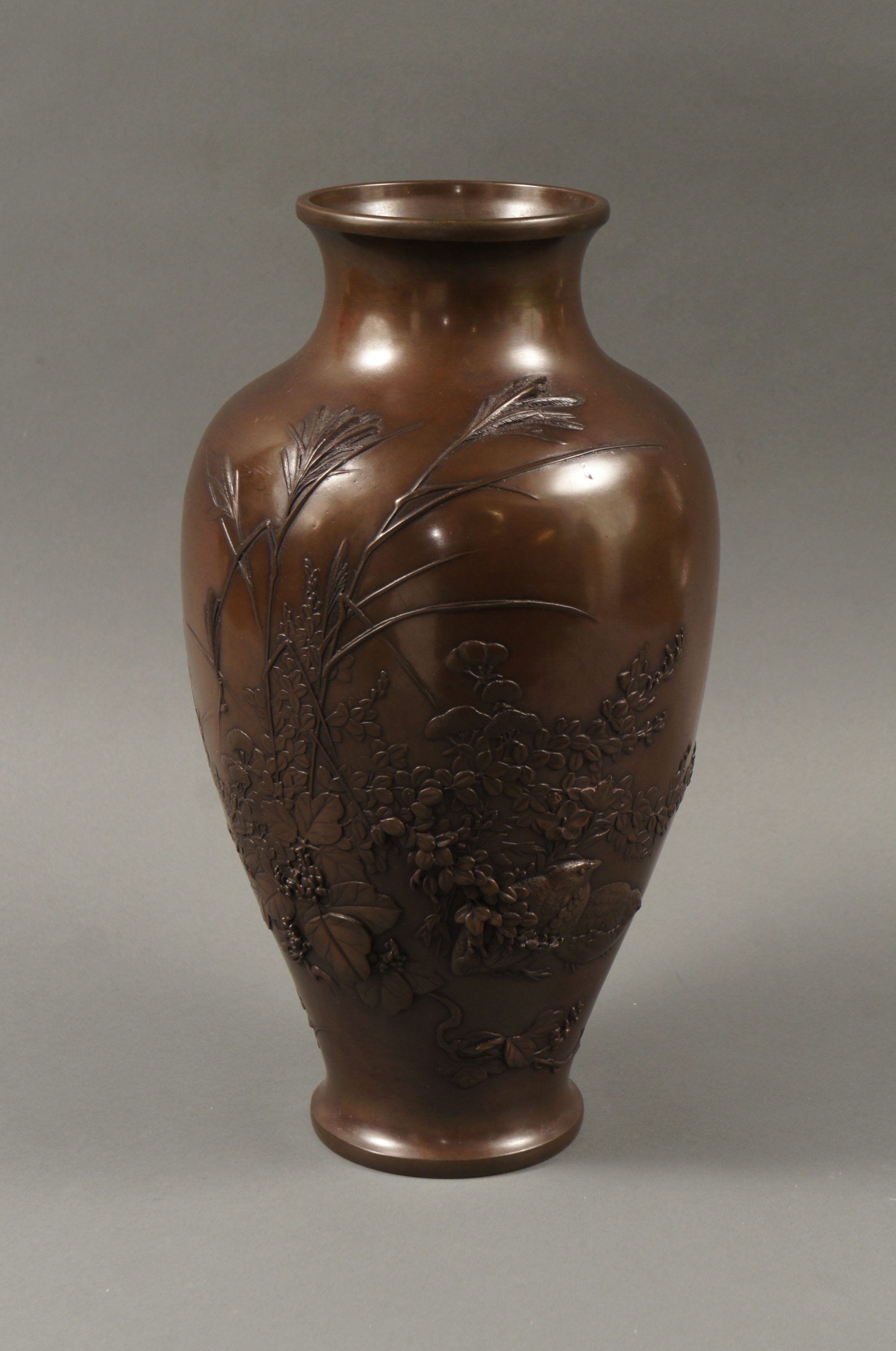 Japanese Bronze Vase with Grasses and Quail Design Naga Antiques