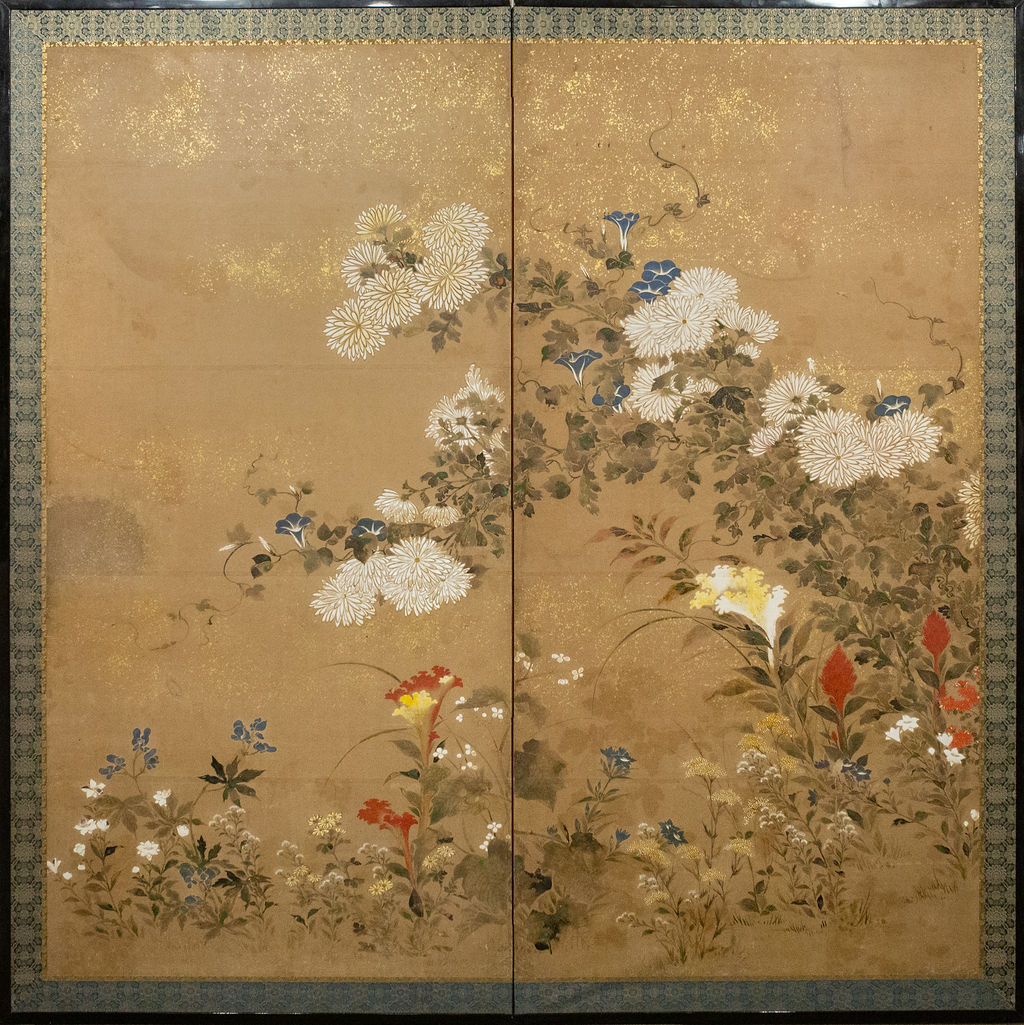 Japanese Two Panel Screen Flower Garden Naga Antiques