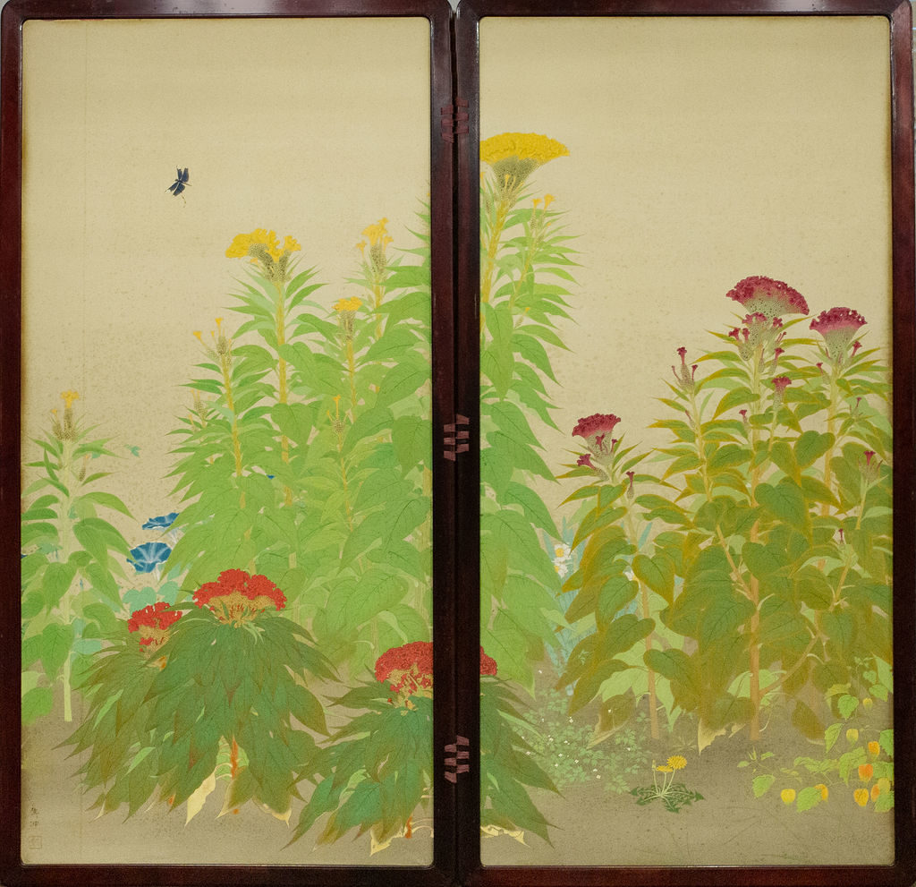 Japanese Two Panel Screen Nihonga Style Painting of and