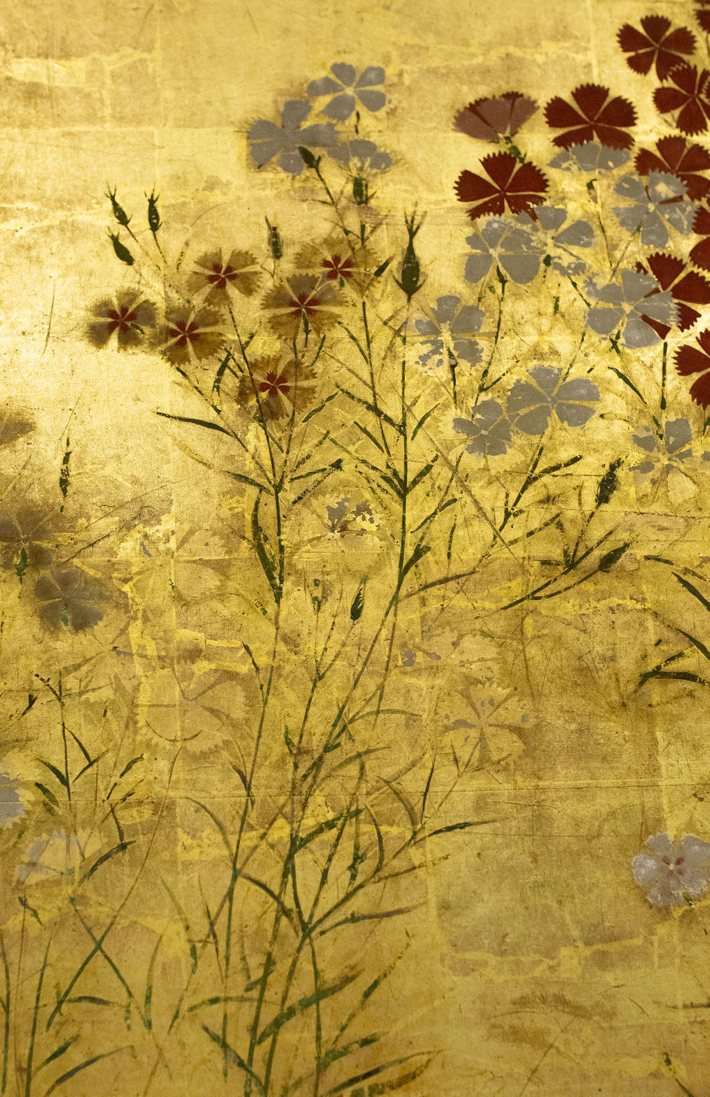 Japanese Two Panel Screen Rimpa Nadeshiko Flowers on Heavy Gold Leaf