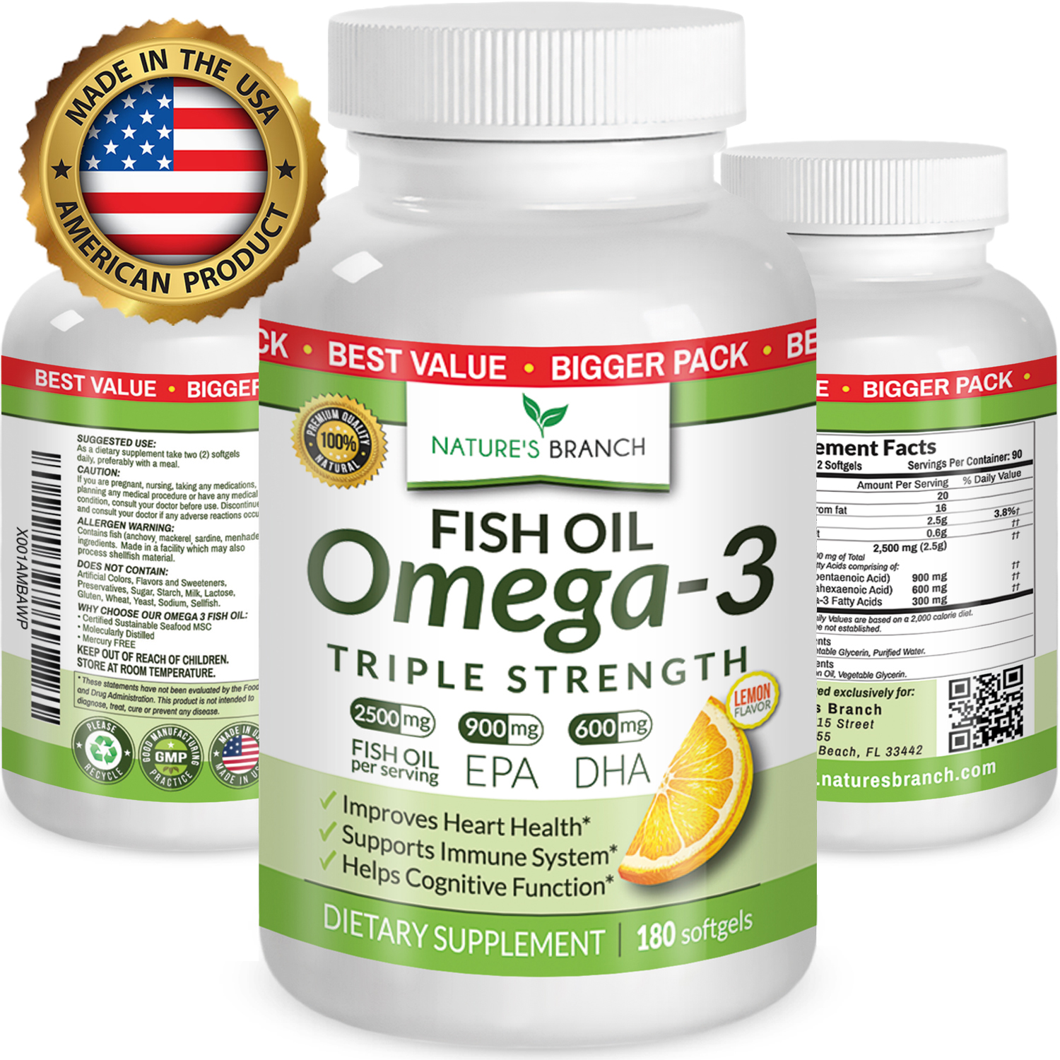 BEST TRIPLE STRENGTH Omega 3 Fish Oil Pills (3 MONTH SUPPLY) 2500mg
