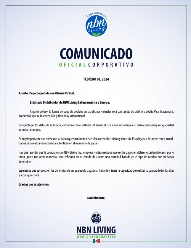 Asunto: Pago de pedidos en Oficina Virtual.