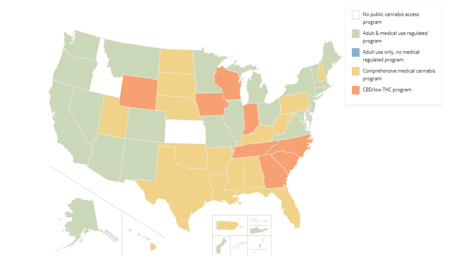 U.S. map showing cannabis laws by state