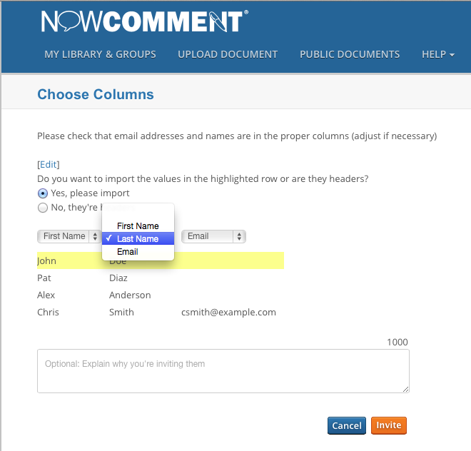 Setting column headers for import file