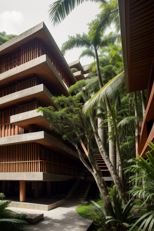 Wooden hotel, designed by Frank Lloyd Wright, Brutalist Architecture, Mexican Jungle, 