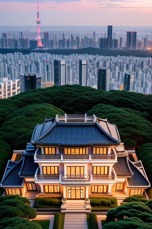 make a house of the future , Mansion, in Tokyo, sunset