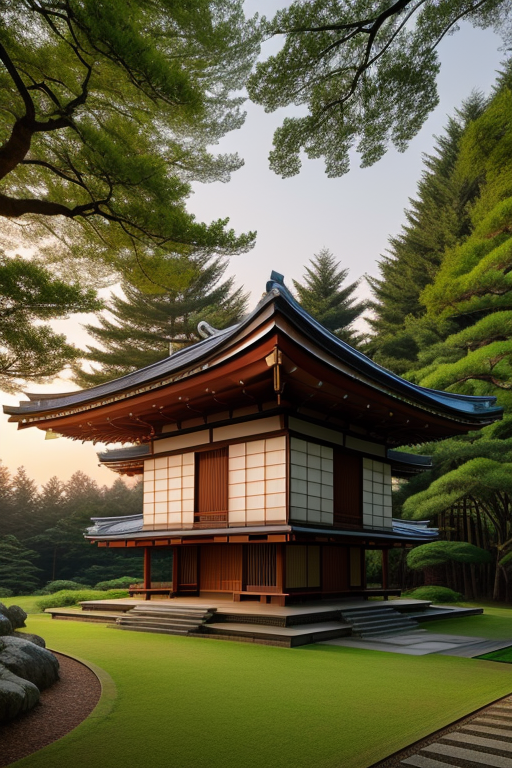 , designed by Norman Foster, Japanese architecture, morning, sunset, in the forest