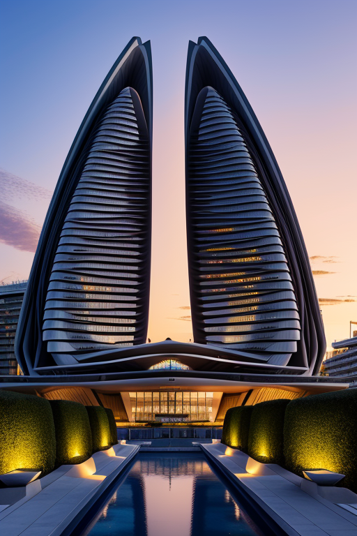 , Hotel, designed by Zaha Hadid, Brutalist Architecture, sunset, in Barcelona