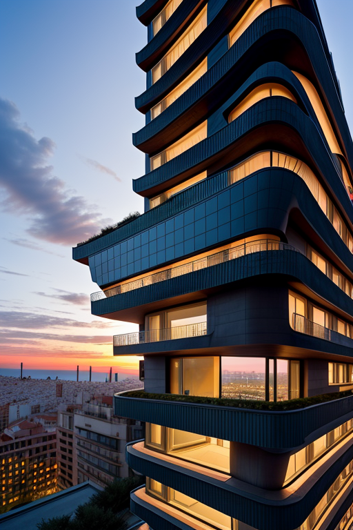 , Hotel, designed by Zaha Hadid, Brutalist Architecture, sunset, in Barcelona