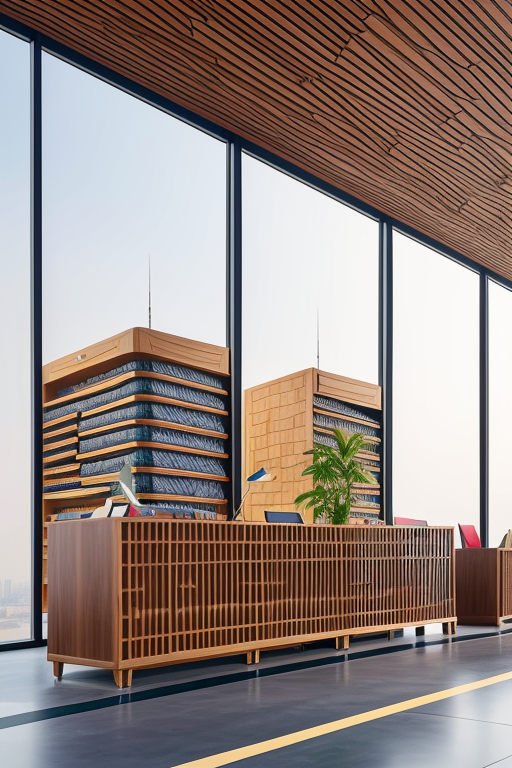 Pakistan Air Force Office front Wall Wooden Modern Look Shape Racks for Souvenirs and side 
walls Wallpaper according to office prominent Look , designed by Zaha Hadid, Modern Architecture, morning, in Paris