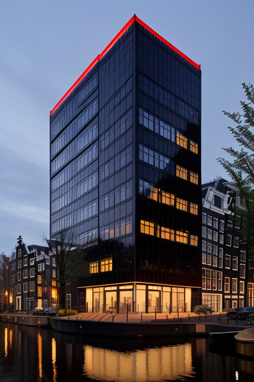 House red and street black shine , Skyscraper, designed by Mies Van der Rohe, Constructivism Architecture, Japanese architecture, night time, in Amsterdam