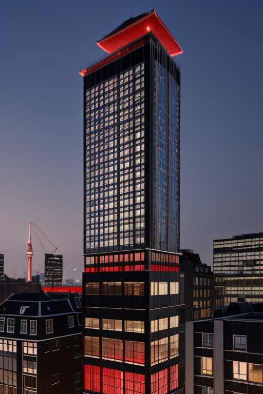 House red and street black shine , Skyscraper, designed by Mies Van der Rohe, Constructivism Architecture, Japanese architecture, night time, in Amsterdam, Stadium