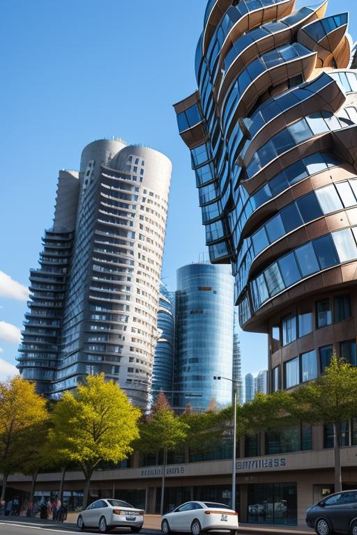 moderns buildings with curves in the meddle and crossing with other building

, Brutalist Architecture, designed by Frank Gehry