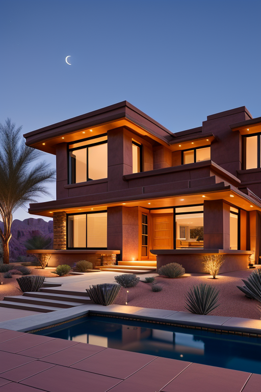 , Brownstone, designed by Frank Lloyd Wright, Modern Architecture, night time, in the desert