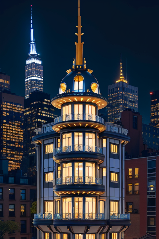 A house flying in space , Building, designed by Richard Rogers, Art Nouveau Architecture, night time, in New York