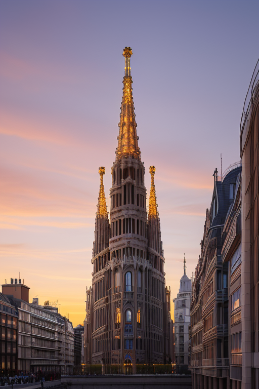 , designed by Gaudi, Constructivism Architecture, sunset, night time, in London, Tower