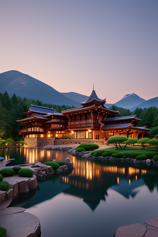 Brownstone, designed by Richard Rogers, Ultra hd! editorial, iso 400, surrealistic, 8k, full frame, landscape, Ultra hd! editorial, iso 400, 8k, full frame, landscape, designed by Frank Lloyd Wright, Japanese architecture, Hotel, night time, in the mountains