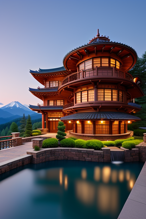 Brownstone, designed by Richard Rogers, Ultra hd! editorial, iso 400, surrealistic, 8k, full frame, landscape, Ultra hd! editorial, iso 400, 8k, full frame, landscape, designed by Frank Lloyd Wright, Japanese architecture, Hotel, night time, in the mountains
