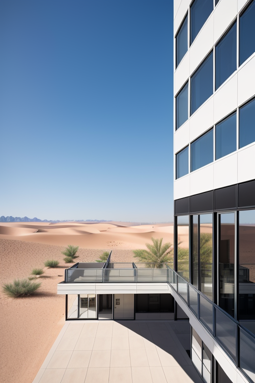 , Office, designed by Mies Van der Rohe, Post-Modern Architecture, afternoon, in the desert