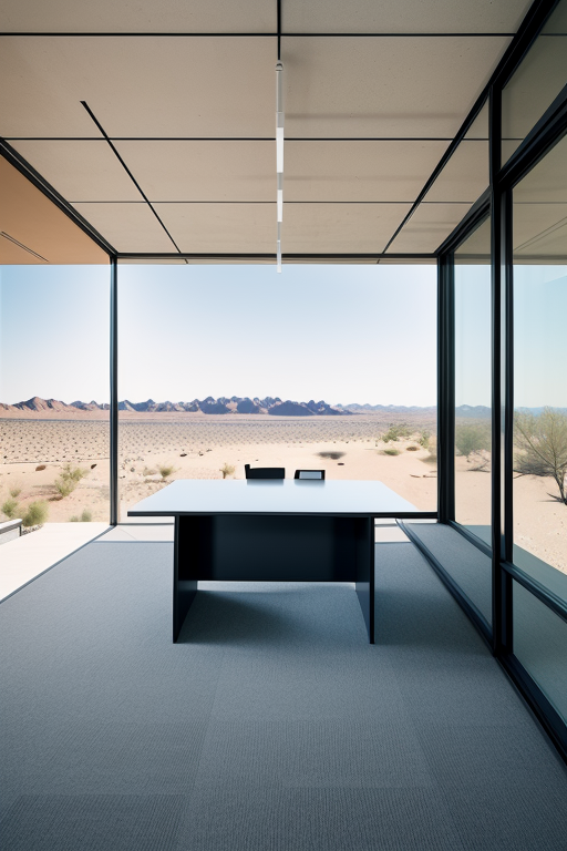 , Office, designed by Mies Van der Rohe, Post-Modern Architecture, afternoon, in the desert