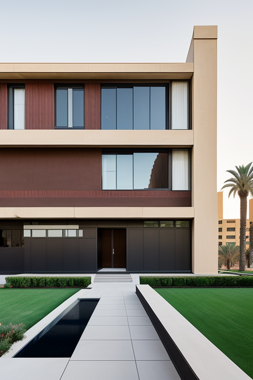 , Office, designed by Mies Van der Rohe, Post-Modern Architecture, afternoon, in the desert, , Bauhaus Architecture, Art Nouveau Architecture, Islamic architecture, Building, Mansion, sunset, in Barcelona