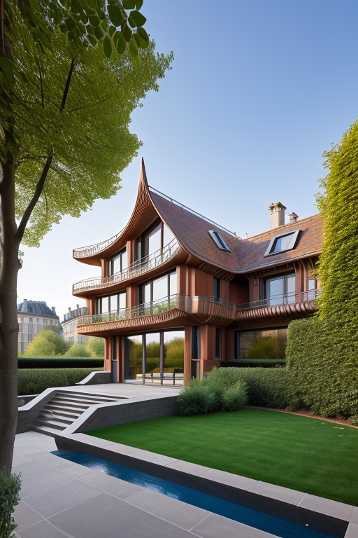 , Brownstone, designed by Norman Foster, Post-Modern Architecture, morning, in Paris, Villa, designed by Gaudi, Parametric Architecture, afternoon, in Berlin
