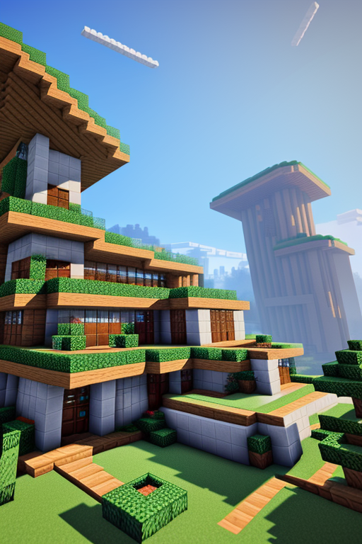 Create a big house of 30 x 40 mts for a terrain for minecraft, look futuris but unique, Building, Neofuturist Architecture, afternoon, in the mountains