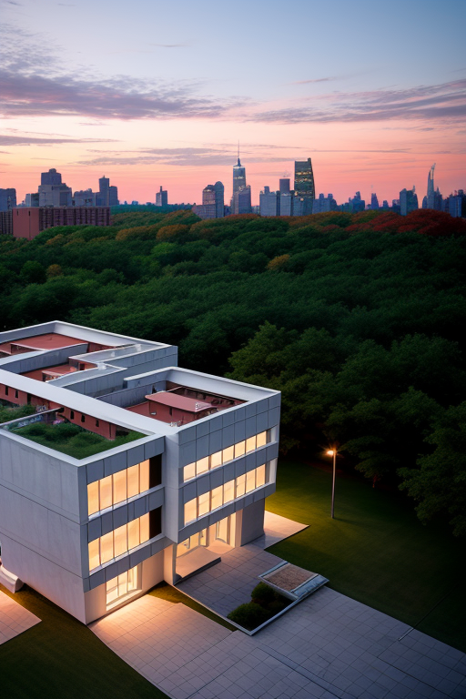 Casa abandonada, Hospital, designed by Eero Saarinen, Modern Architecture, sunset, in New York