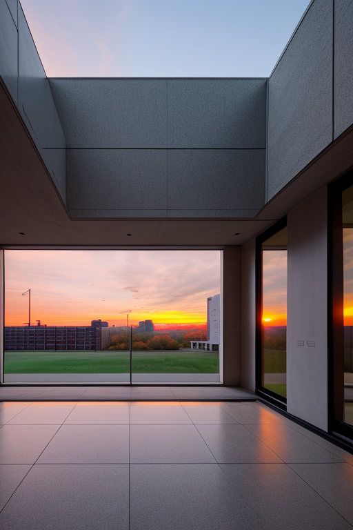 Casa abandonada, Hospital, designed by Eero Saarinen, Modern Architecture, sunset, in New York