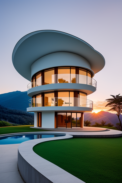 , designed by Oscar Niemeyer, Neofuturist Architecture, sunset, in the mountains, Villa