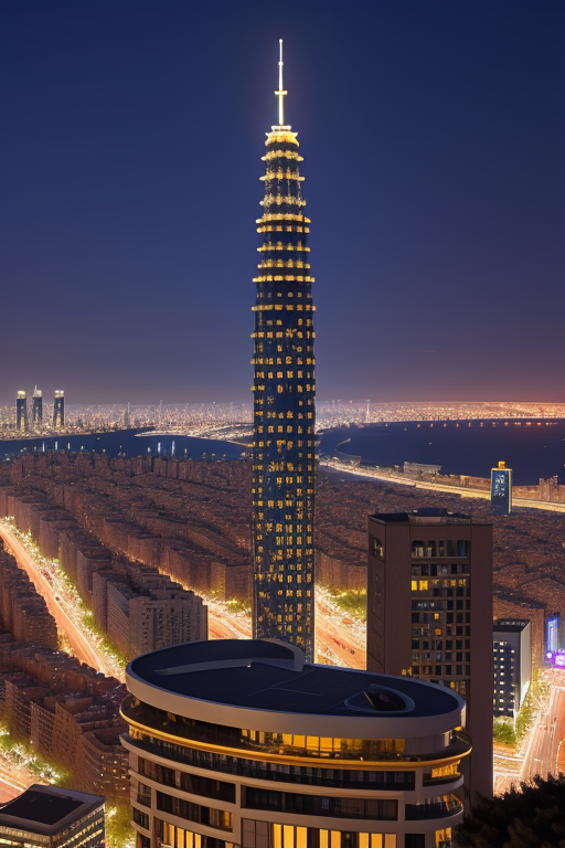 , Skyscraper, designed by Philip Johnson, Chinesearchitecture, night time, in Barcelona