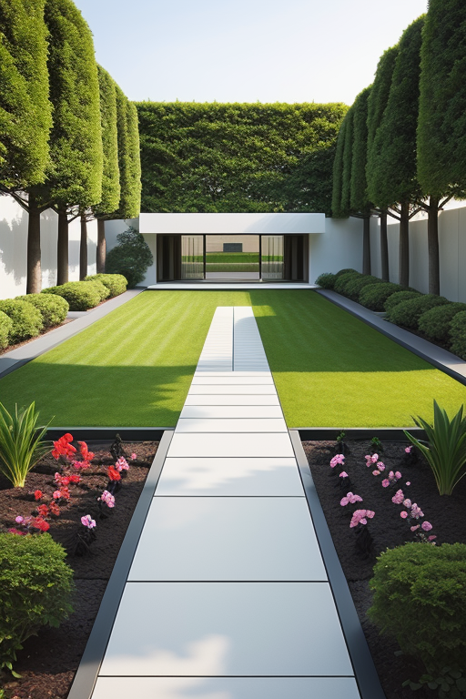 
Design a minimalist garden, with walkways, inside a set of boxes, designed by Philip Johnson, Constructivism Architecture, afternoon