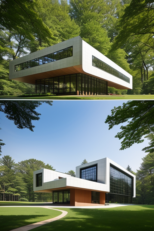 , Museum, Constructivism Architecture, designed by Norman Foster, afternoon, in the forest, Mansion, designed by Norman Foster, Parametric Architecture, morning, in New York