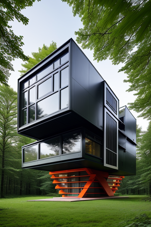 , in the forest, night time, designed by Richard Rogers, Bauhaus Architecture, in Berlin, morning, designed by Philip Johnson, Afro Futurism architecture