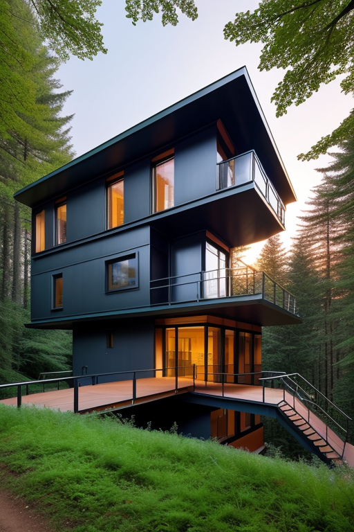 , in the forest, night time, designed by Richard Rogers, Bauhaus Architecture, in Berlin, morning, designed by Philip Johnson, Afro Futurism architecture, designed by Gaudi, sunset, in the mountains