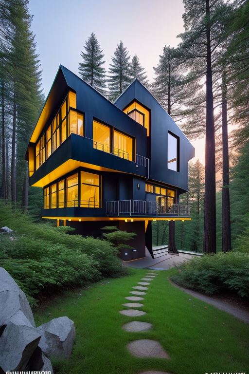 , in the forest, night time, designed by Richard Rogers, Bauhaus Architecture, in Berlin, morning, designed by Philip Johnson, Afro Futurism architecture, designed by Gaudi, sunset, in the mountains