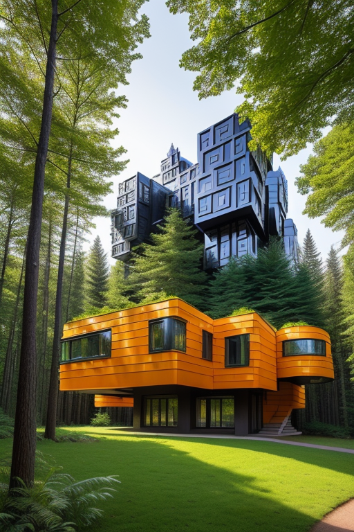 , in the forest, night time, designed by Richard Rogers, Bauhaus Architecture, in Berlin, morning, designed by Philip Johnson, Afro Futurism architecture, designed by Gaudi, sunset, in the mountains, designed by Frank Gehry, Neofuturist Architecture, afternoon, 