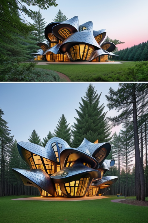 , in the forest, night time, designed by Richard Rogers, Bauhaus Architecture, in Berlin, morning, designed by Philip Johnson, Afro Futurism architecture, designed by Gaudi, sunset, in the mountains, designed by Frank Gehry, Neofuturist Architecture, afternoon, 