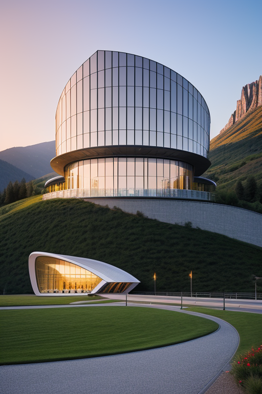 , designed by Norman Foster, Museum, Modern Architecture, sunset, in the mountains
