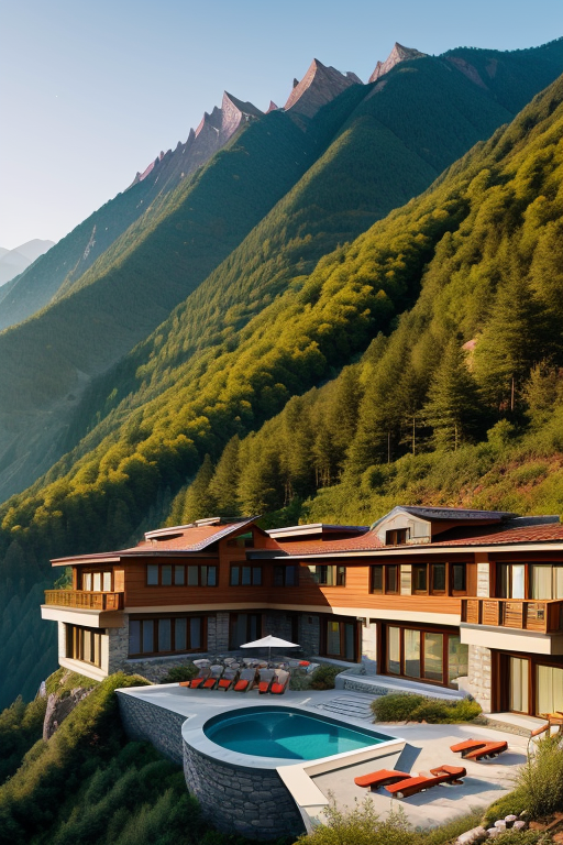 Village in the mountains designed by Wes Anderson, Villa, designed by Norman Foster, Post-Modern Architecture, morning, in the mountains
