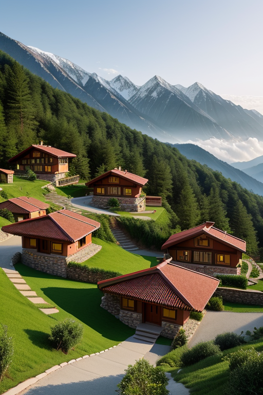 Village in the mountains designed by Wes Anderson, Villa, designed by Norman Foster, Post-Modern Architecture, morning, in the mountains