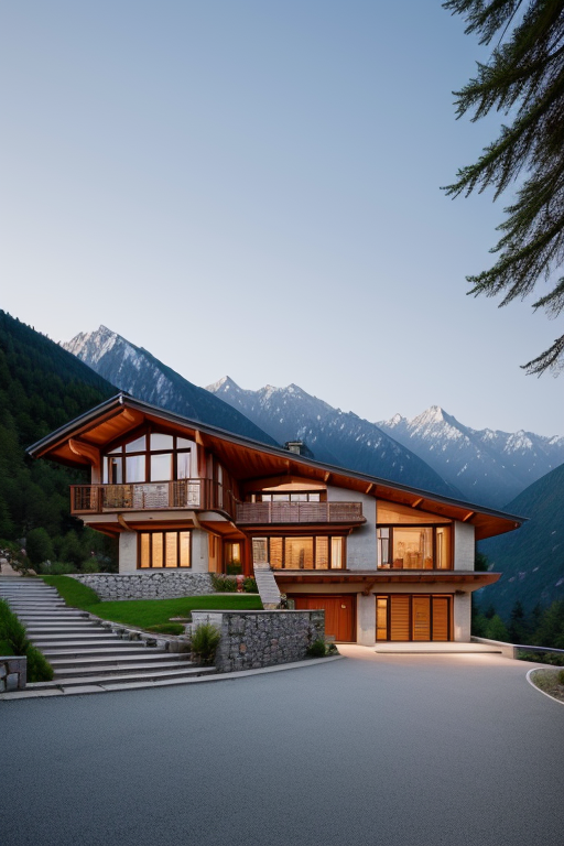 Village in the mountains designed by Wes Anderson, Villa, designed by Norman Foster, Post-Modern Architecture, morning, in the mountains